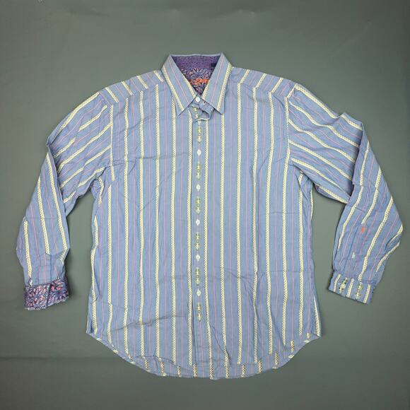 Robert Graham XL Button Up Shirt Blue Stripe Contrast Cuffs Funky - Picture 2 of 11